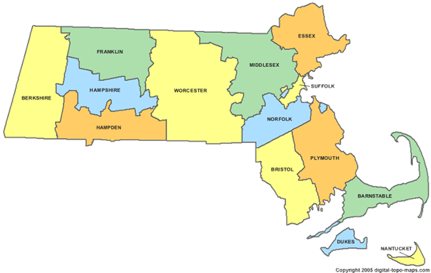 麻萨诸塞州包括14个县,分为21个登记区.